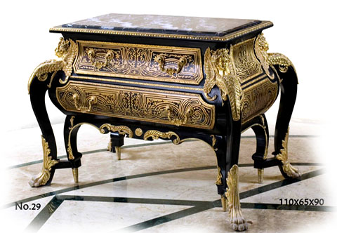 A fine reproduced Louis XIV style ormolu mounted cut brass and tortoiseshell inlaid Boulle commode after the model by André-Charles Boulle (ca. 1710–1720), With a rectangular veined marble top inside a berried guilloche frieze and set to the front with a pair of ormolu-moulded premier partie-inlaid drawers, the sides similarly decorated with scrolling foliage, the angles headed with winged caryatids, on acanthus-sheathed cabriole legs tapering to hairy paw sabots and spiral-turned supports, Meuble A Hauteur D'appui, Commode à Vantaux, Antoine Gaudreaux Commode, commode à pipée des oiseaux, Régence style commode, Jean-Henri Riesener commode, Fontainebleau, Commode Médaillier, Marie-Antoinette commode, Charles Cressent commode, Maison Millet commode, Pierre Antoine Foullet commode , Roger Lacroix commode, Gilles Joubert commode, Regency style commode, Napoleon III commode, Martin Carlin commode, André Charles Boulle commode, French style commode, Louis XV commode, Louis XIV commode , Louis XVI commode, Empire style cabinet, Sideboard, Chest of Drawers, Credenze, Display Cabinet